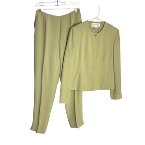 Jones New York Womens Silk Pant Suit Size 8 Pear Green Zip Blazer Trousers 2 Pc